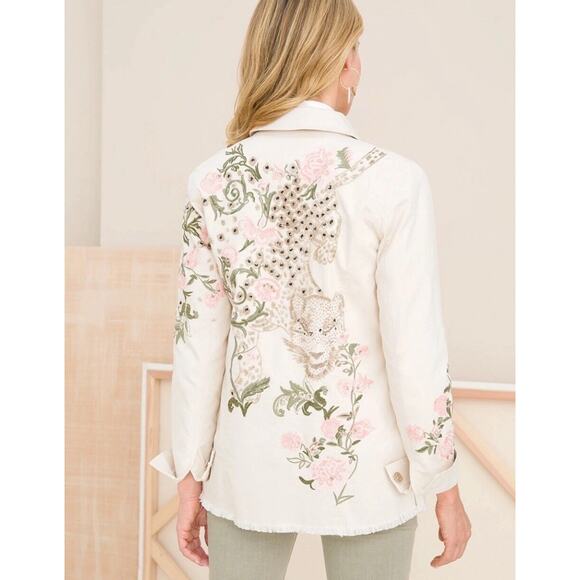 CHICO'S Beaded LEOPARD EMBROIDERED FLORAL Western DENIM JEAN Jacket 0 US 4/6 - Picture 4 of 14